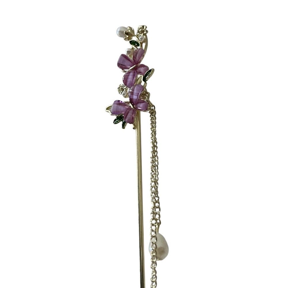 PURPLE FLOWERS ANS  PEARL GLASS ART HAIR PIN CHOPSTICK HAIR ACCESSORY